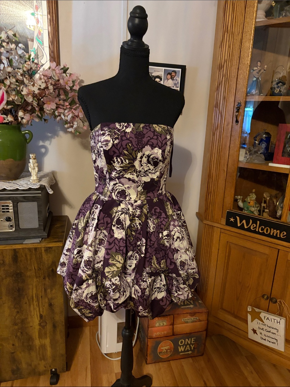 Purple white and green strapless dress with irregular elastic hemline